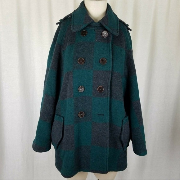 Cartonnier Anthropologie Buffalo Plaid Cape Coat Blue/Green, size L - Picture 1 of 7